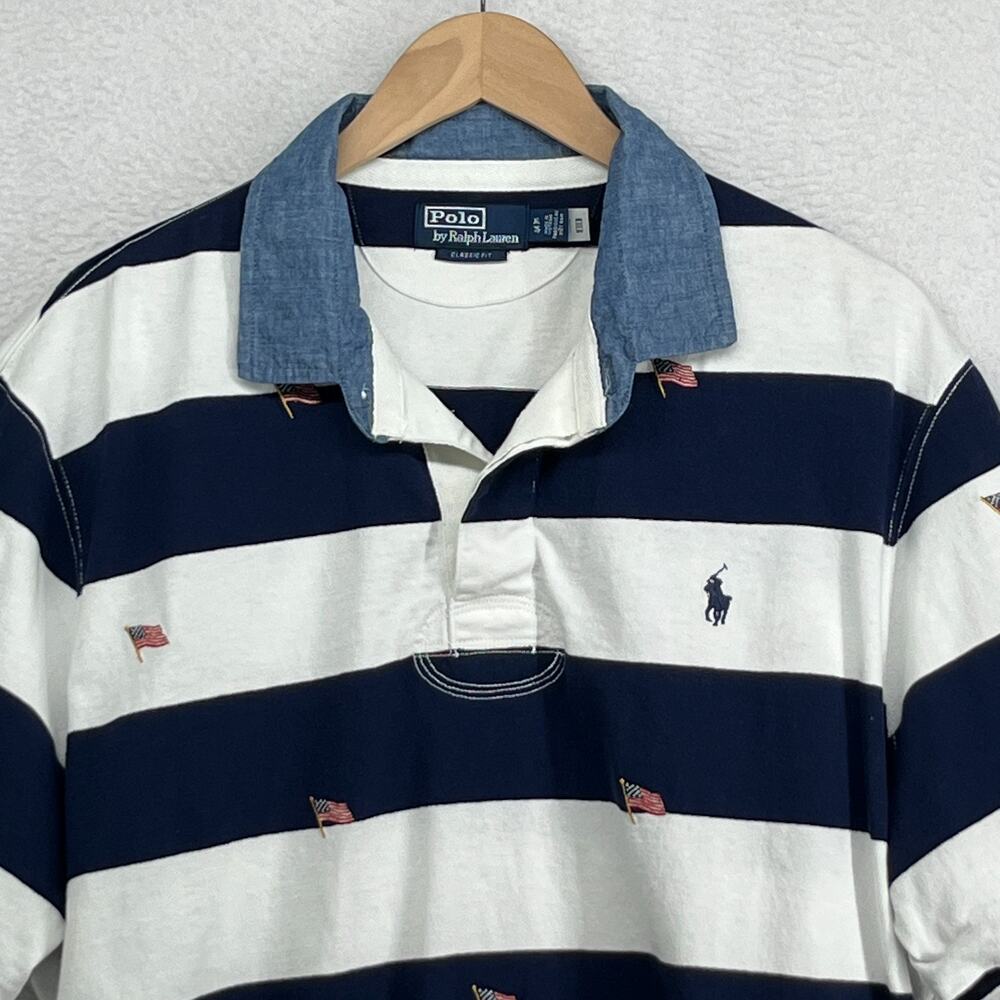 POLO RALPH LAUREN Shirt Mens XL Classic Fit Flag Rugby Striped Polo Golf Blue
